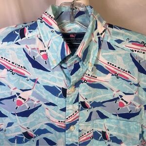 Vineyard Vines Short Sleeve Button Down Sea Plane Shirt‎ Blue/Pink Hawaiian S
